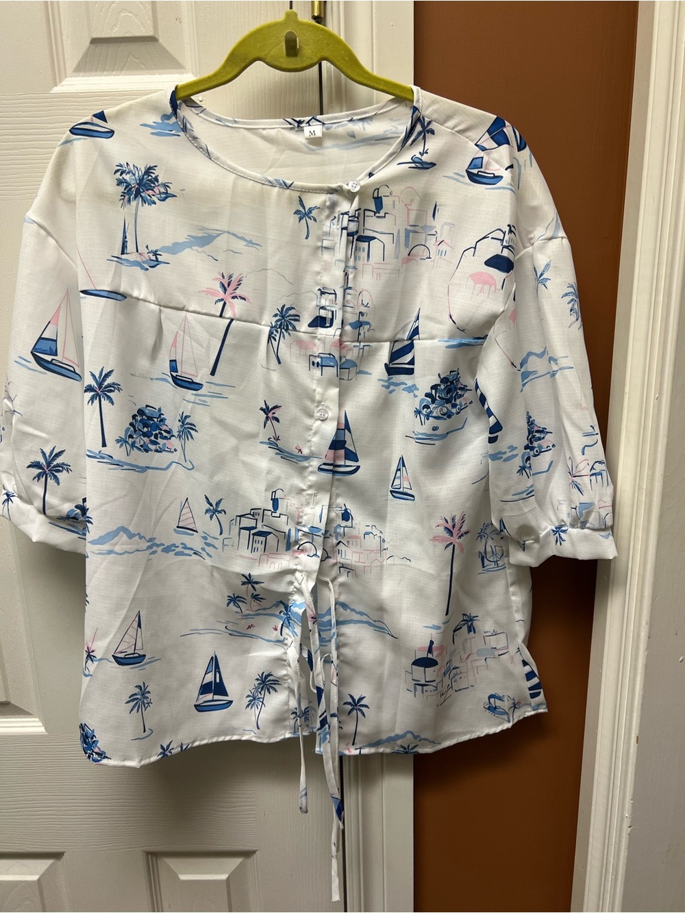 White Button-Front Top with Blue & Pink Nautical Print